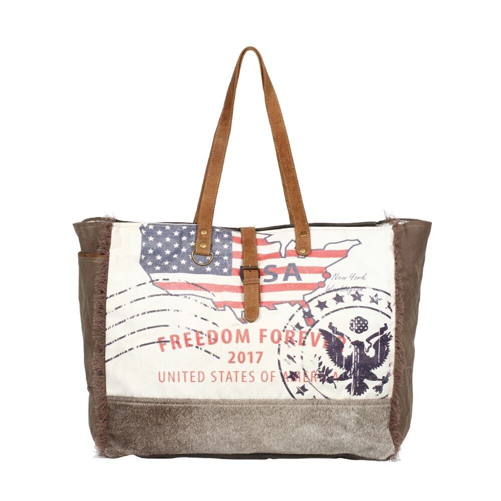 Myra Bag Handmade Partisan Weekender Bag Upcycled Canvas & Cowhide Leather - Picture 9 of 12